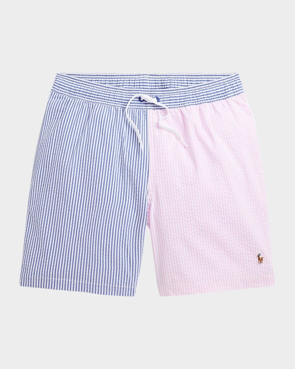 Boy's Two-Tone Seersucker Swim Trunks, Size S-XL